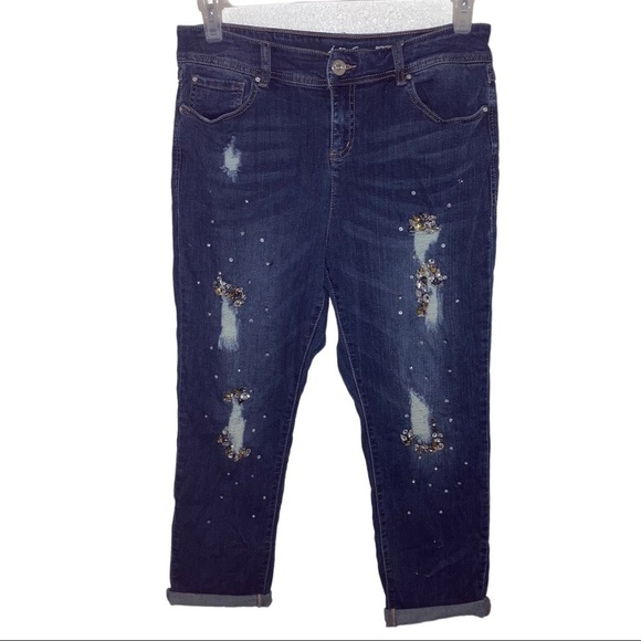 Inc Boyfriend Distress Crystal Crop Womens Jeans 10 Blue - Picture 2 of 12